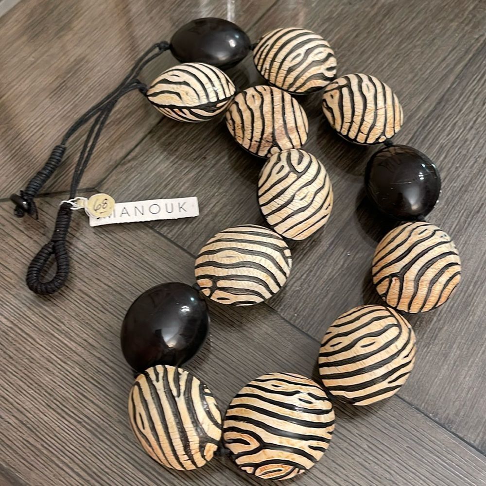 Boutique Style Manouk Large Seed Pod Necklace Zebra Strips Asymmetrical Design